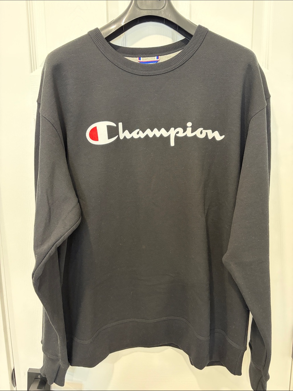 Champion Black Crewneck Sweatshirt with White Script and Red Logo Accent